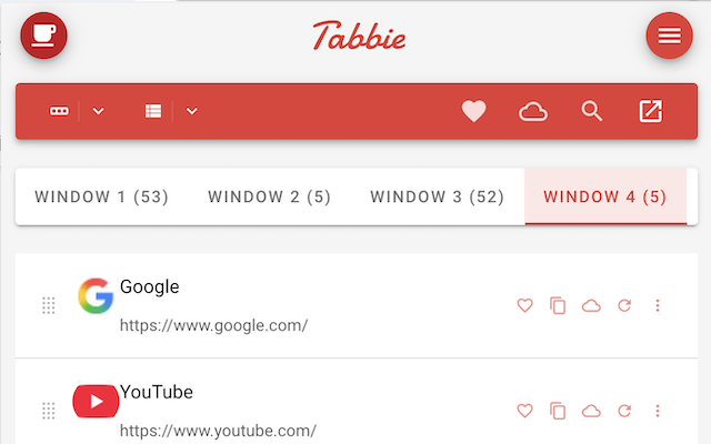 Tabbie popup in list view, showing Google and YouTube tabs with favicon and action icons.