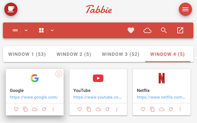 Tabbie popup showing four browser windows and their tabs in a grid view, with favicon, title, and quick actions on every tab.
