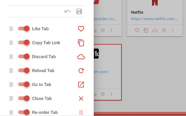 Tabbie's action customizer panel, showing toggles and drag handles for Like, Copy, Discard, Reload, Go to, Close, and Re-order tab actions.