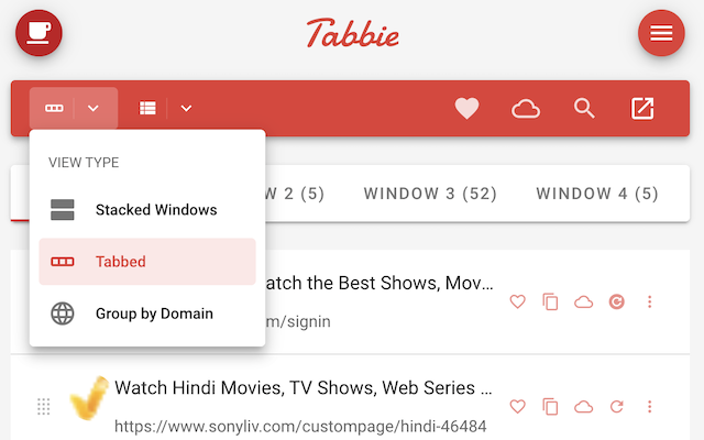 Tabbie's view type menu open, showing Stacked Windows, Tabbed, and Group by Domain options.